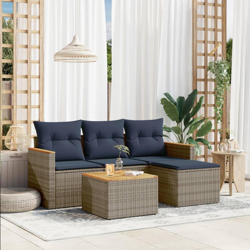 Havesofasæt i grå polyrattan med hynder - 5 dele, marineblå