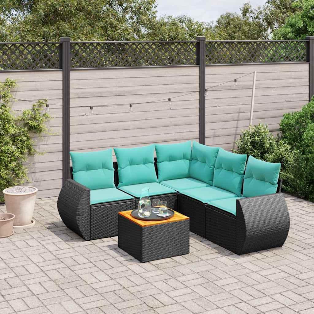 Havesofasæt i sort polyrattan med 6 blå hynder - modulært loungesæt med bord