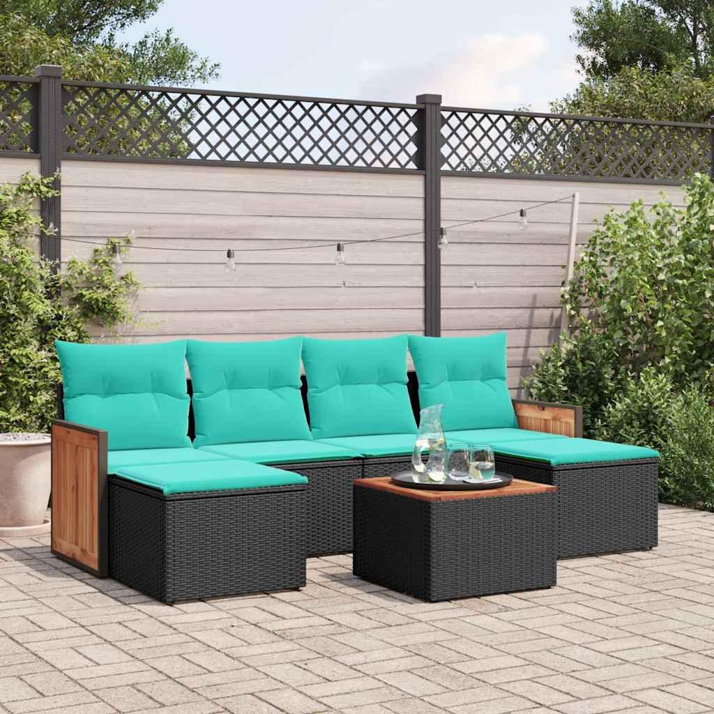 Havesofasæt i sort polyrattan med 7 blå hynder - modulært loungesæt