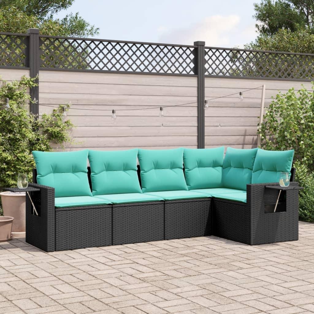 Havesofasæt i polyrattan med hynder - 5 dele, sort/blå