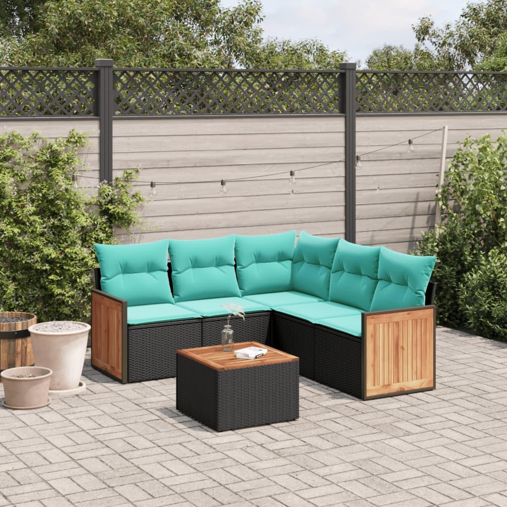 Havesofasæt i sort polyrattan med akacietræsbord - 6 blå hynder, modulopbygget