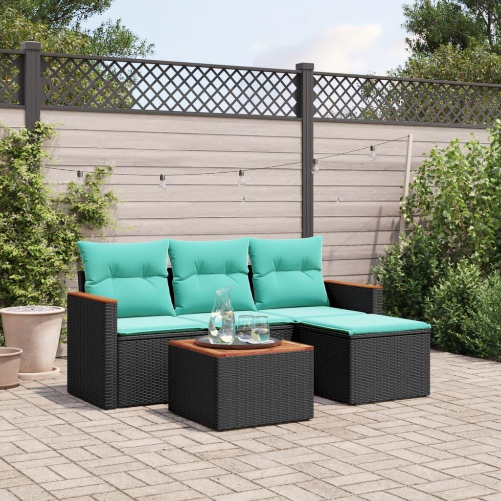 Havesofasæt i 5 dele med hynder - sort polyrattan og akacietop