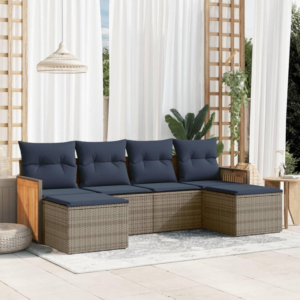 Havesofasæt i grå polyrattan - 6 dele med marineblå hynder