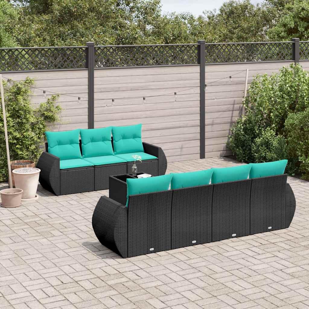vidaXL 8-delt havesofasæt med hynder sort polyrattan