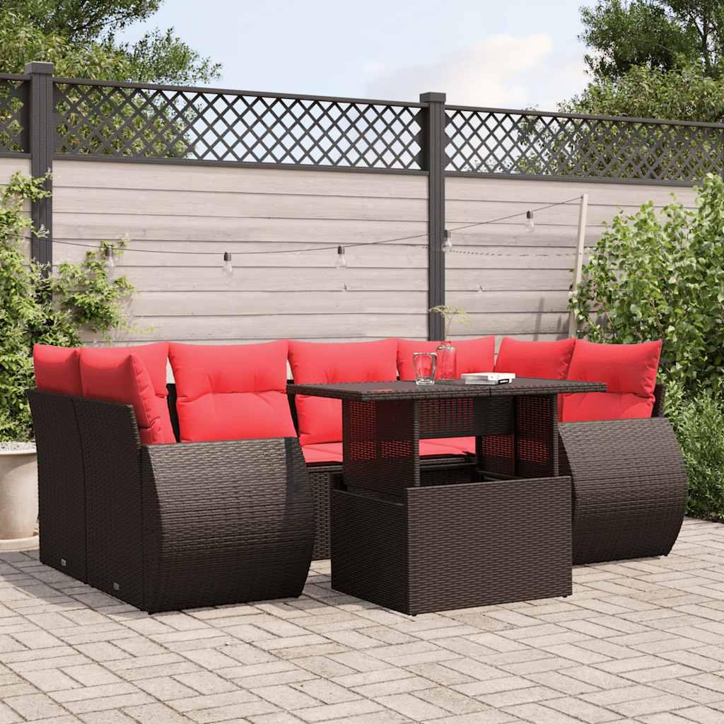 Havesofasæt i brun polyrattan med røde hynder - justerbart bord, 7 hynder