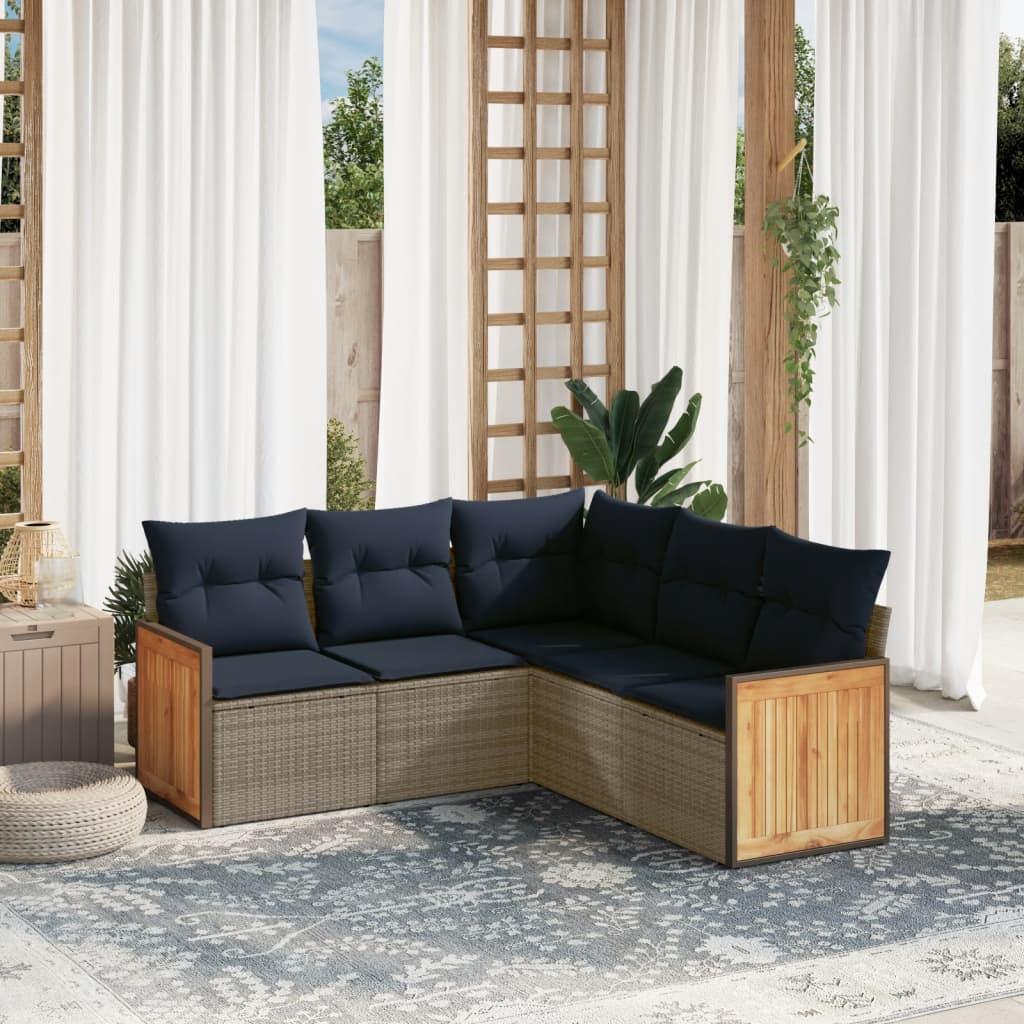 Havesofasæt med 5 dele og hynder grå polyrattan