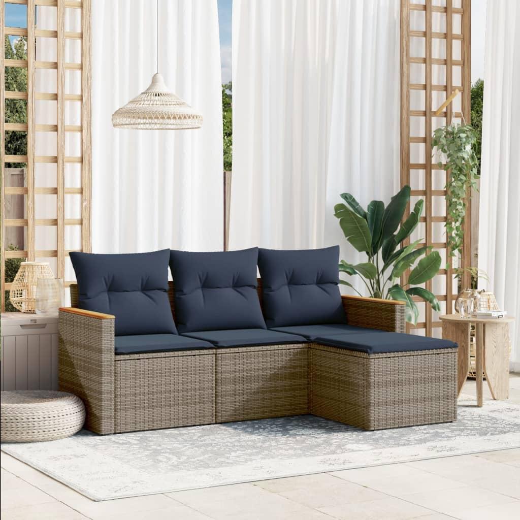 Havesofasæt i grå polyrattan med marineblå hynder - 4 dele, modulært