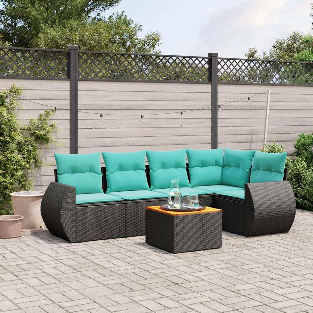 Havesofasæt i sort polyrattan med 6 blå hynder - modulopbygget loungesæt