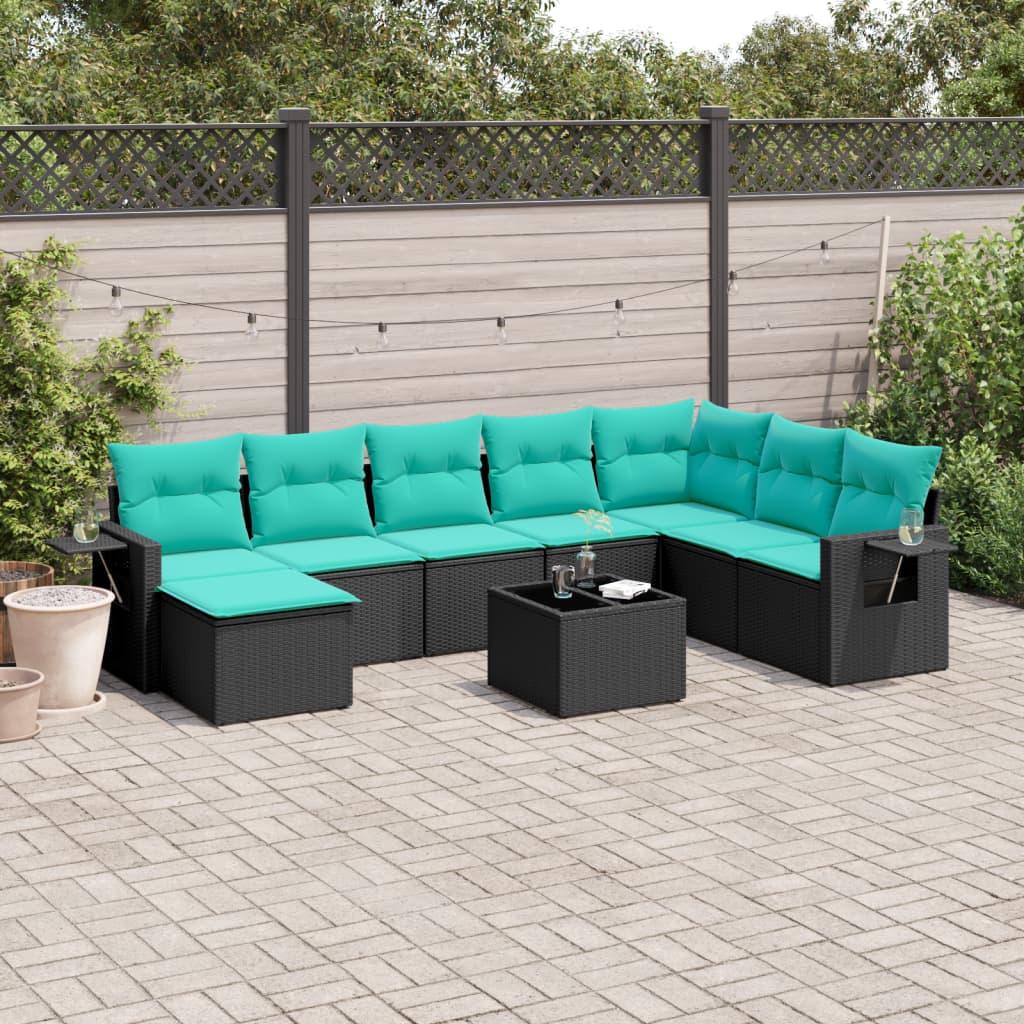 HavesofasÃ¦t i sort polyrattan med 9 dele og blÃ¥ hynder