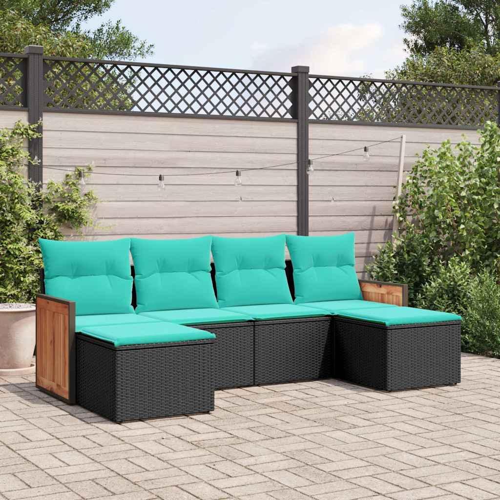 Havesofasæt i sort polyrattan med 6 blå hynder - modulært loungesæt
