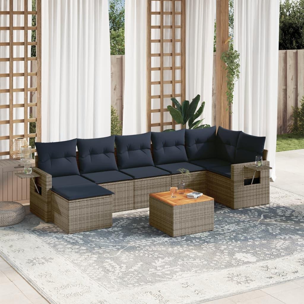 Havesofasæt i grå polyrattan med 8 marineblå hynder - modulært loungesæt