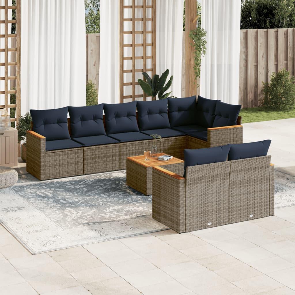 Havesofasæt i grå polyrattan - 9 dele med marineblå hynder