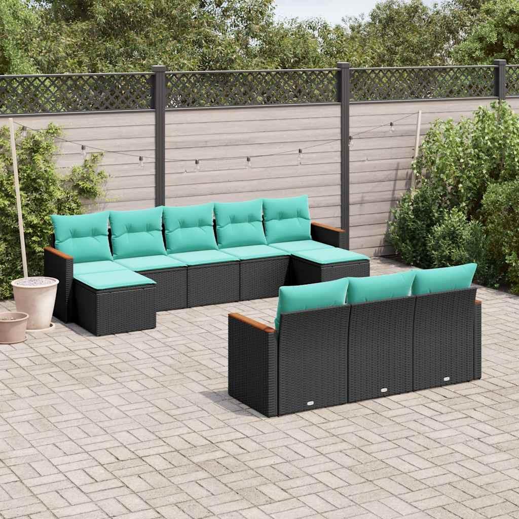 Havesofasæt i sort polyrattan med 10 blå hynder - modulopbygget