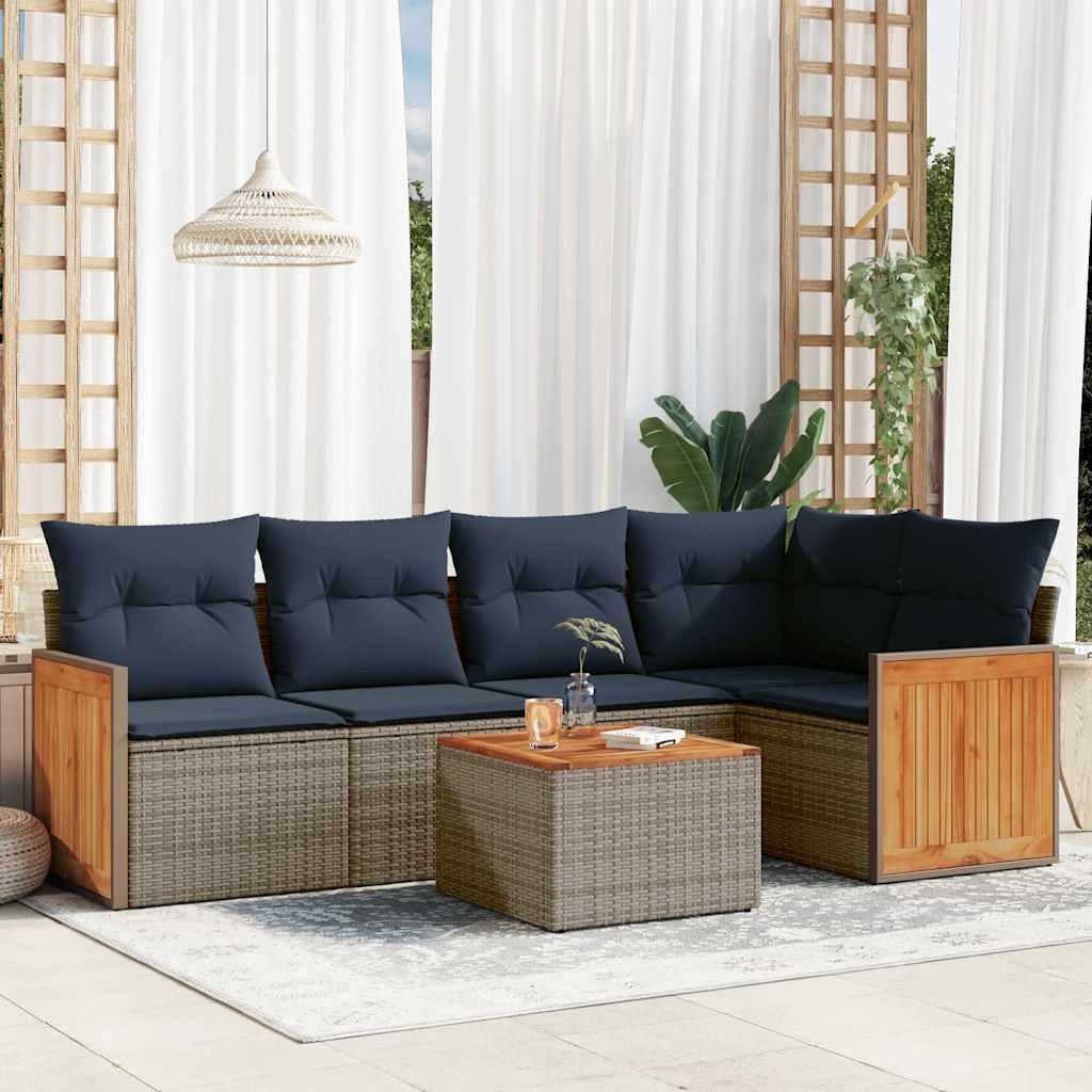 Havesofasæt i grå polyrattan med marineblå hynder - 6 dele, modulært loungesæt
