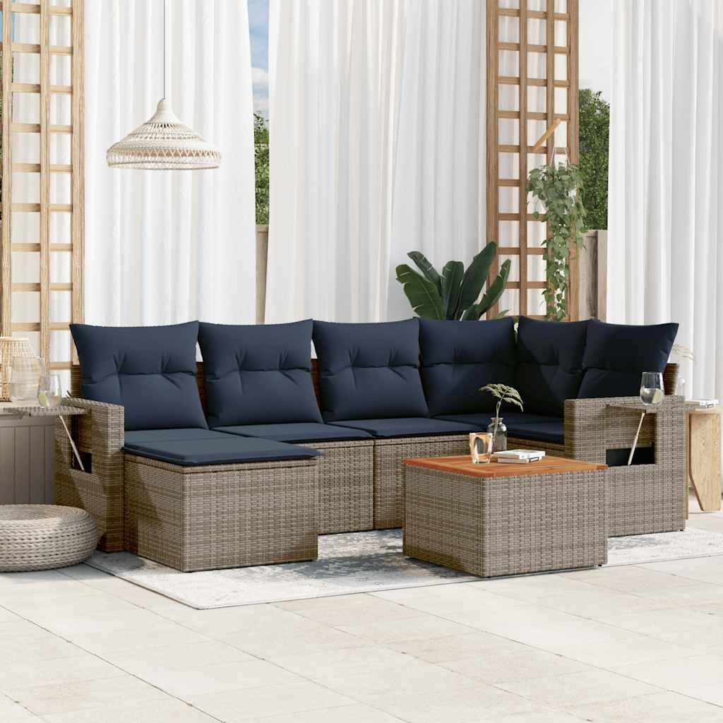 Havesofasæt i grå polyrattan - 7 dele med marineblå hynder