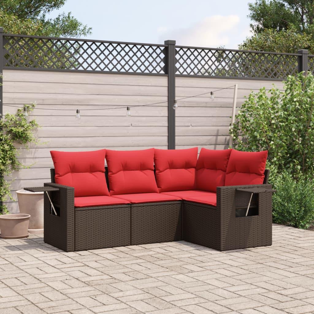Havesofasæt med 4 dele og hynder brun polyrattan
