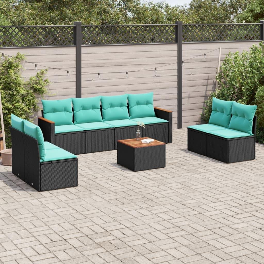Havesofasæt i sort polyrattan med blå hynder - 9 dele, modulært