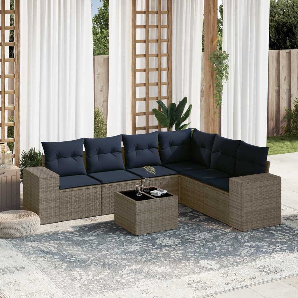 Havesofasæt i grå polyrattan med hynder - 7 dele, modulært