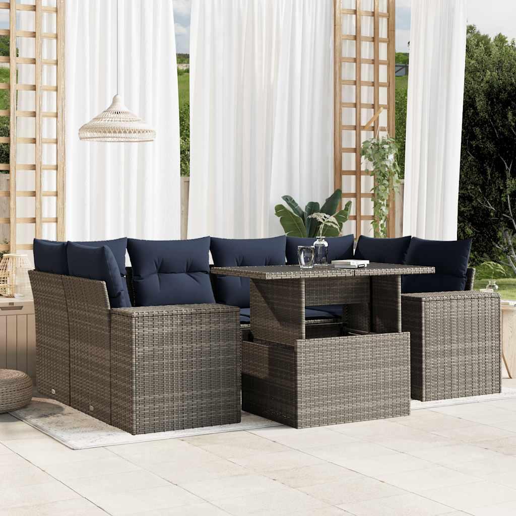 Havesofasæt i grå polyrattan - 7 dele med marineblå hynder og hæve/sænke-bord