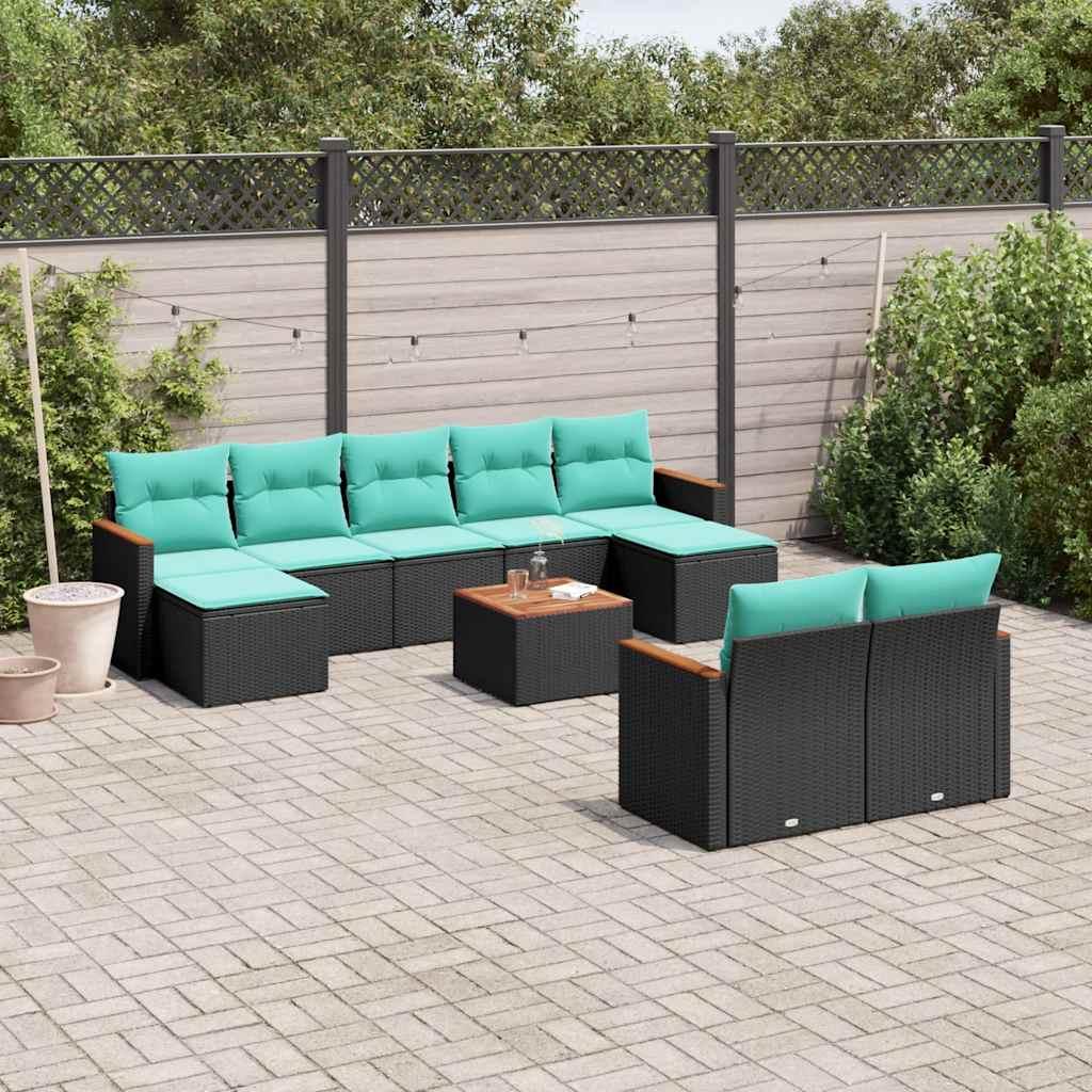 Havesofasæt i sort polyrattan med 10 blå hynder - modulært loungesæt