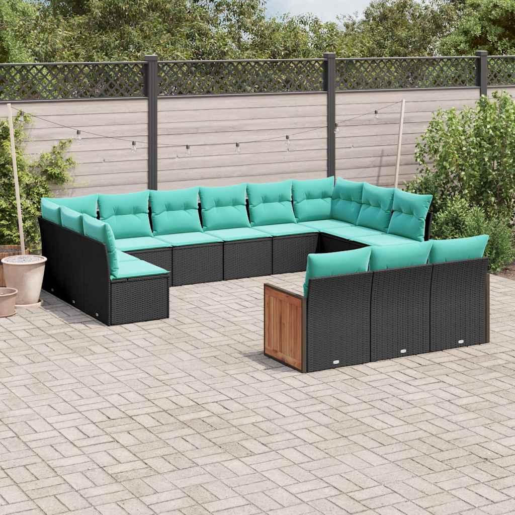13-delt havesofasæt i sort polyrattan med blå hynder
