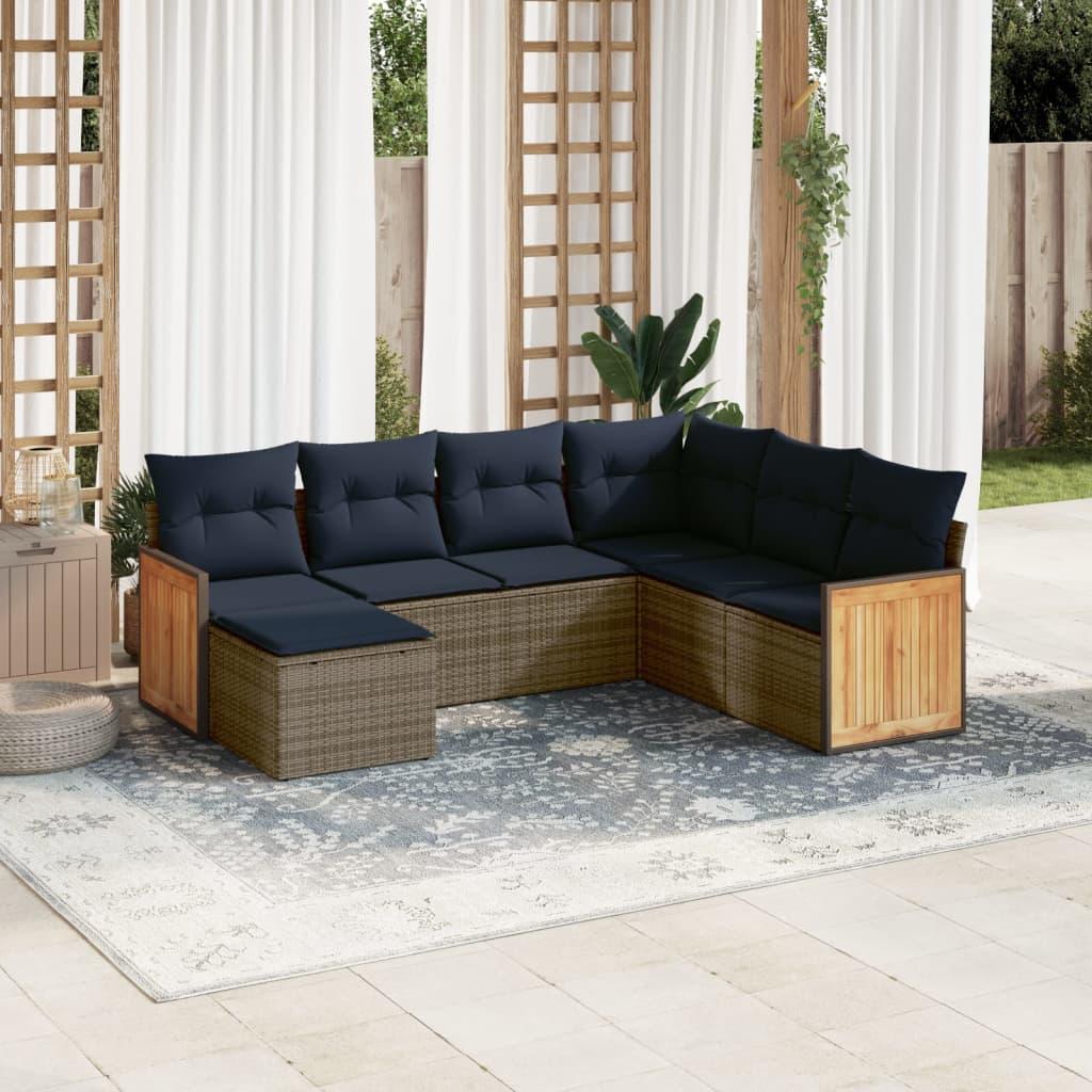 Havesofasæt i grå polyrattan - 7 dele med marineblå hynder