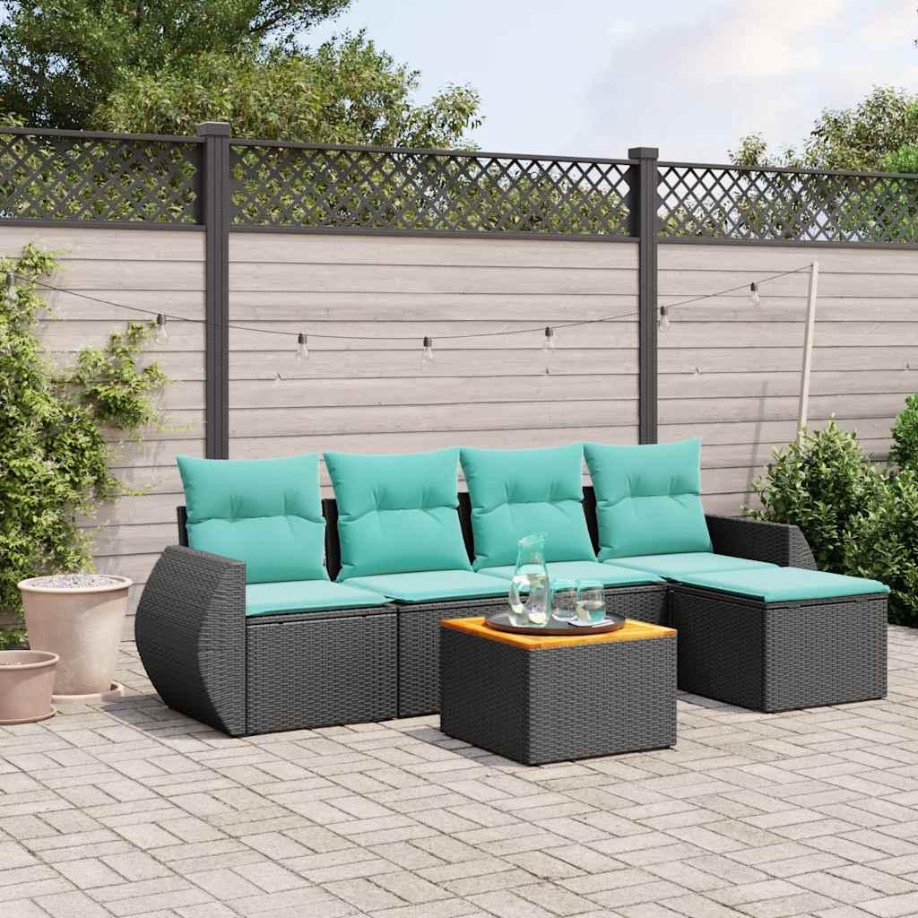Havesofasæt i sort polyrattan med 6 hynder - modulopbygget loungesæt