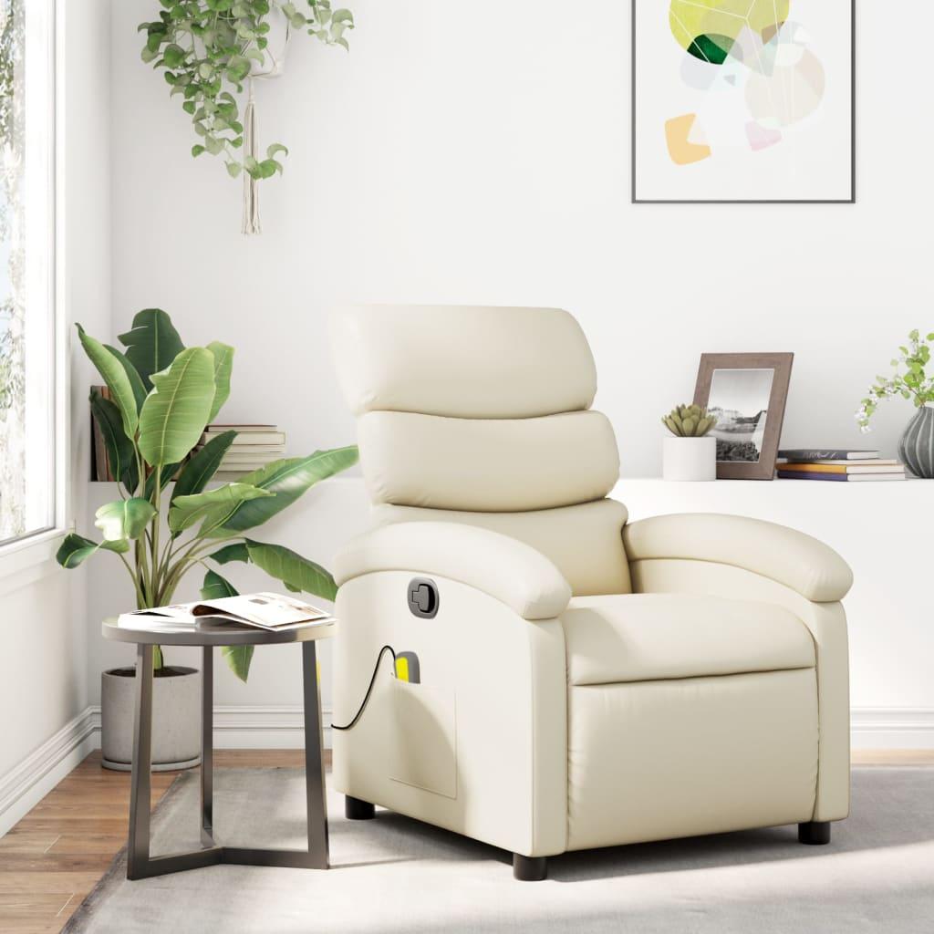 Massagestol i cremefarvet kunstlæder - manuel recliner med 6-punkts vibration