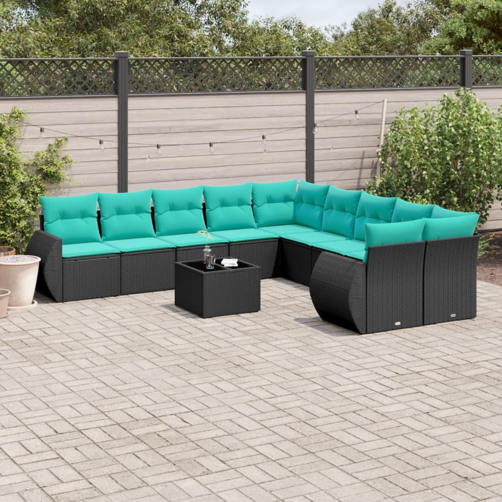 vidaXL 11-delt havesofasæt med hynder sort polyrattan