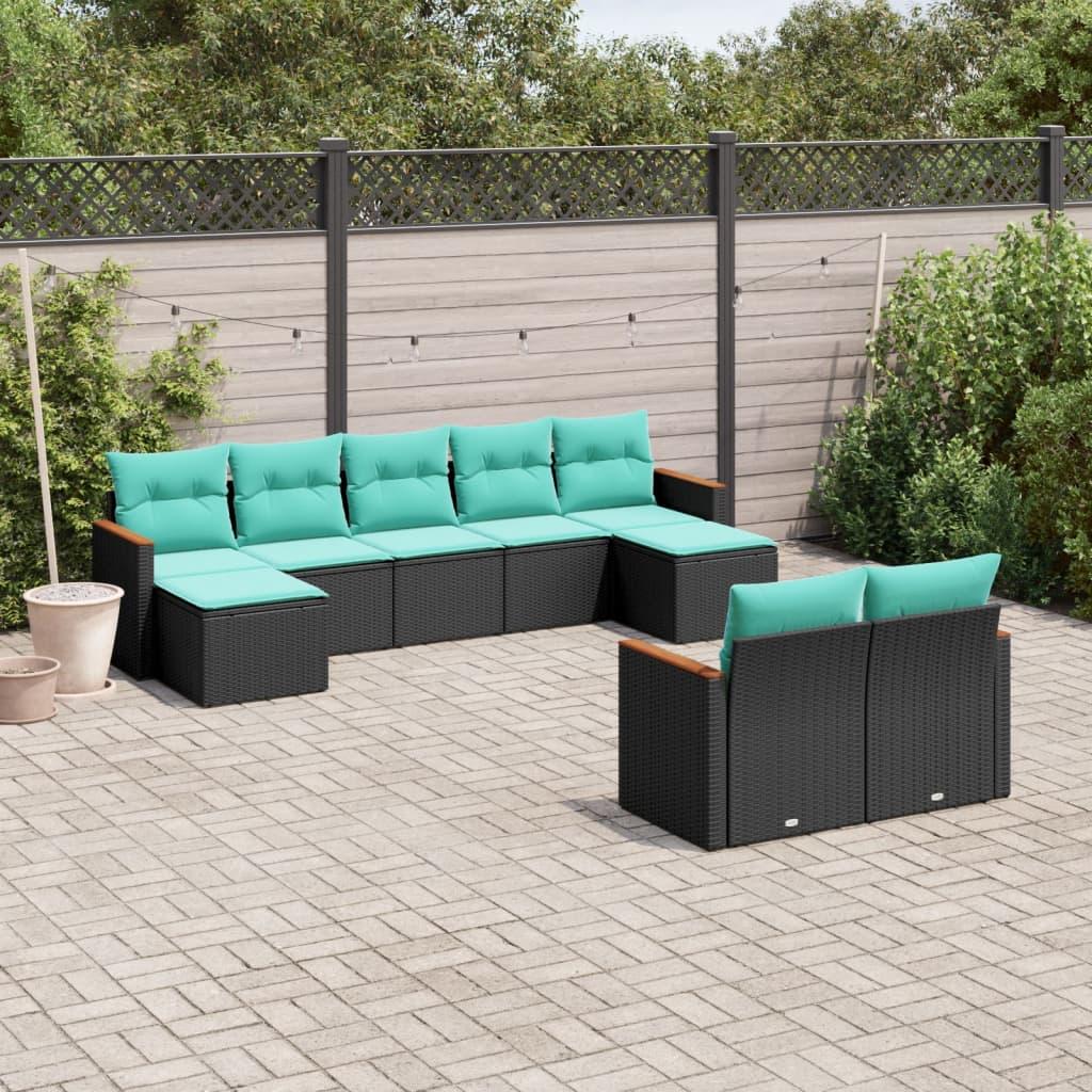 Havesofasæt med 9 dele i sort polyrattan - blå hynder