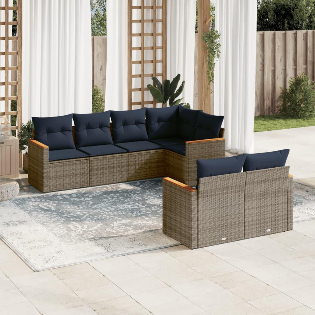 Havesofasæt med 7 dele og hynder grå polyrattan