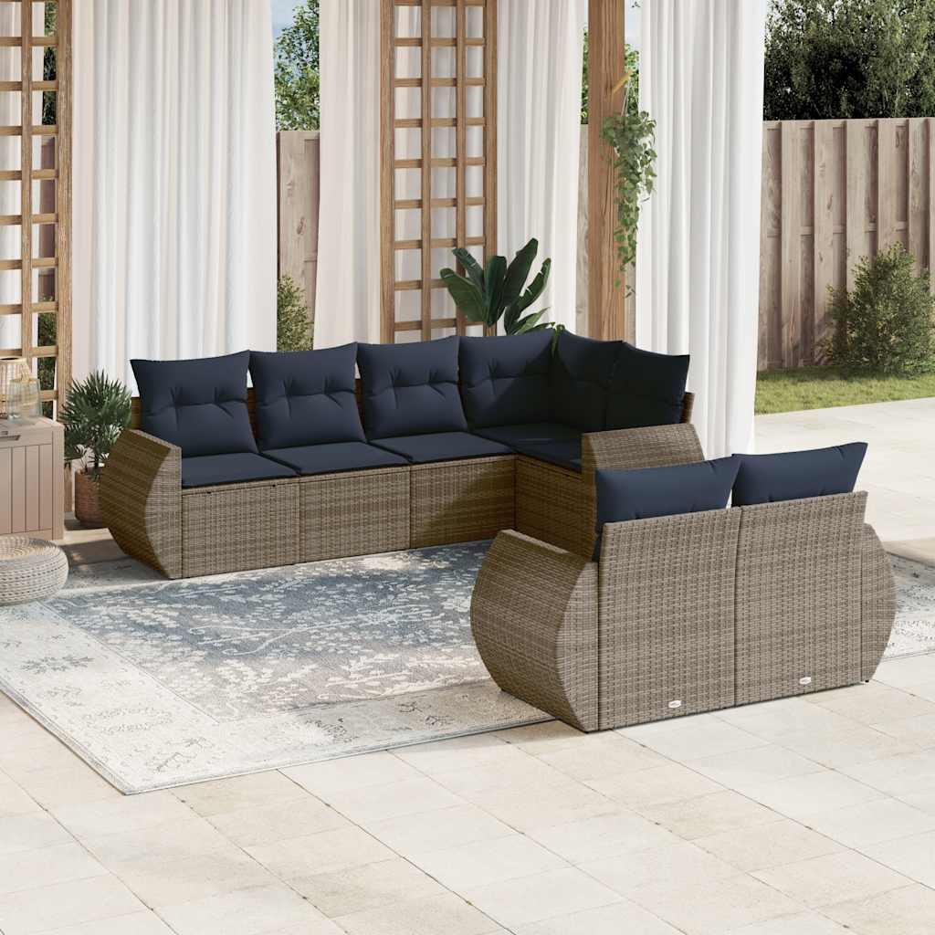 Havesofasæt i polyrattan - 7 dele med marineblå hynder, grå