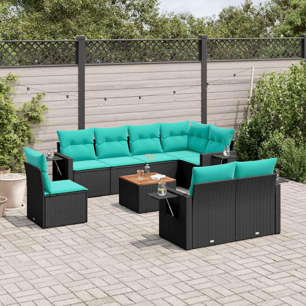 Havesofasæt i polyrattan - 9 dele med blå hynder, sort
