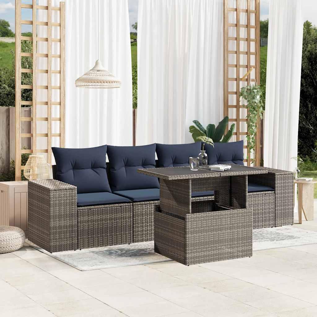 Havesofasæt i grå polyrattan med hynder - 5 dele og løftbart bord