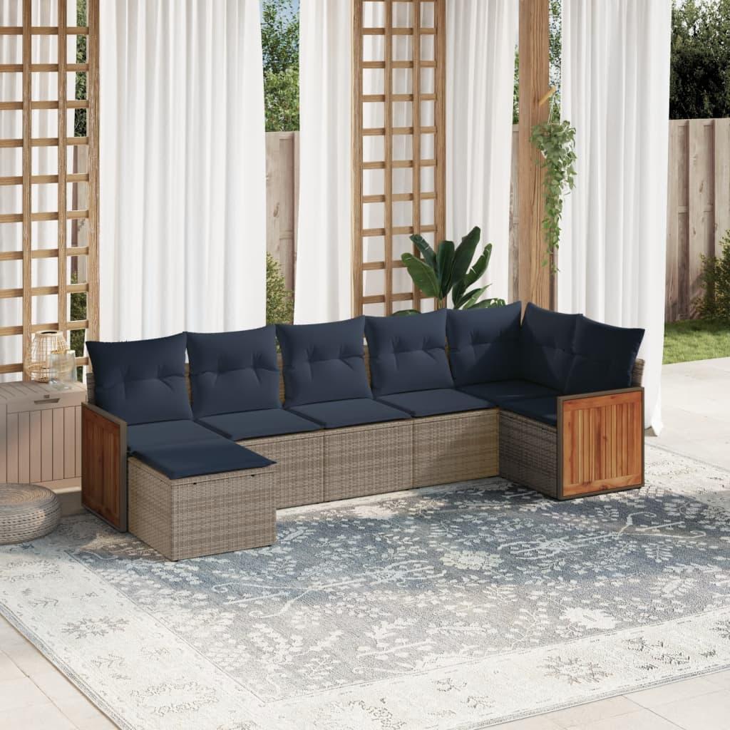 Havesofasæt i grå polyrattan - 7 dele med marineblå hynder