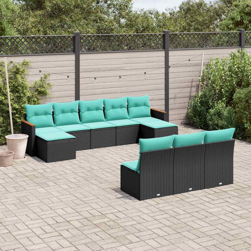 Havesofasæt i sort polyrattan med 10 blå hynder - modulært loungesæt