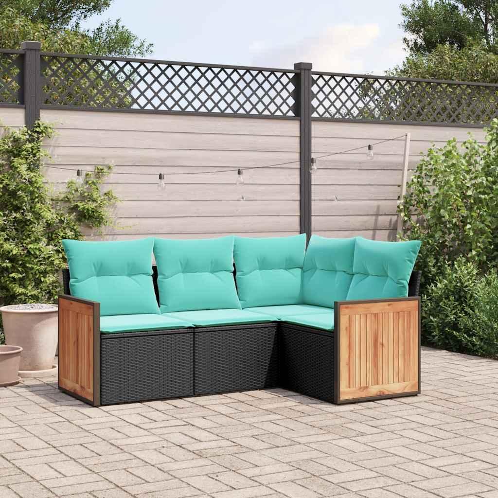 Havesofasæt med 4 dele og hynder sort polyrattan