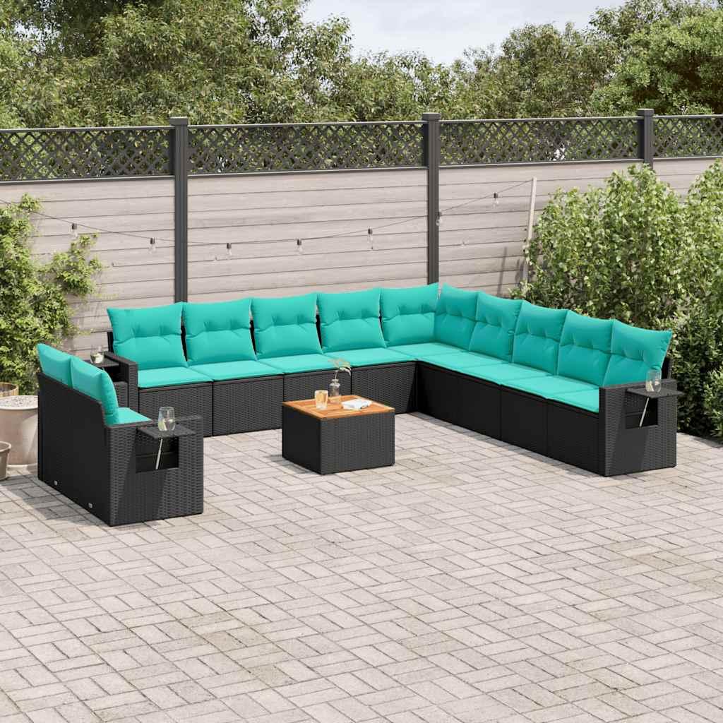 12-delt havesofasÃ¦t i sort polyrattan med blÃ¥ hynder