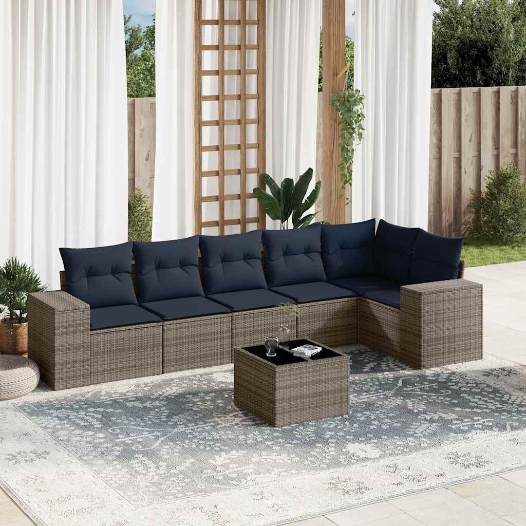Havesofasæt i polyrattan med 7 dele - grå med marineblå hynder