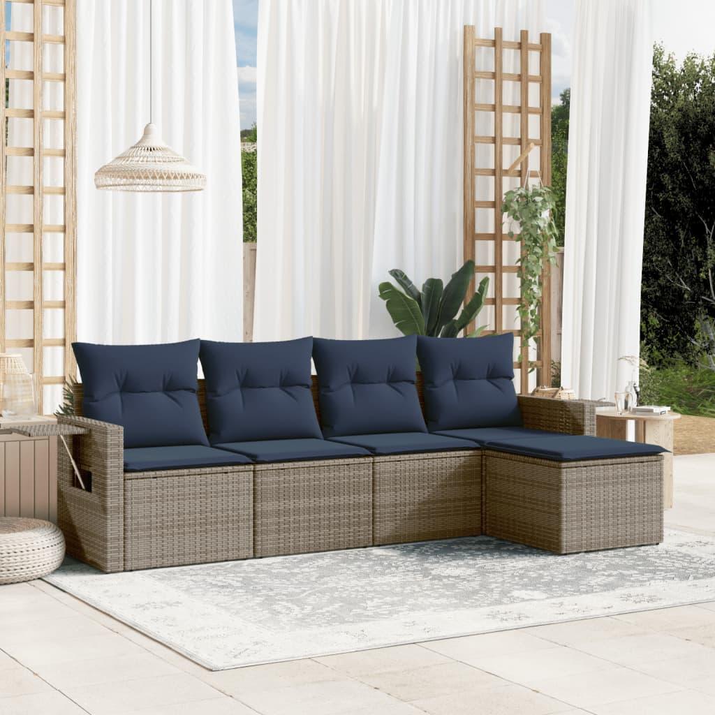 Havesofasæt i grå polyrattan med hynder - 5 dele, modulært loungesæt