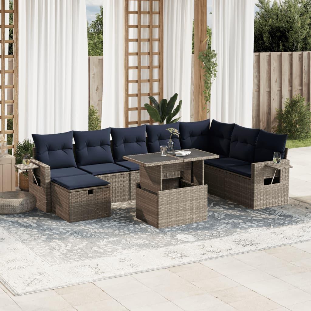 Havesofasæt i grå polyrattan med hæve/sænkebord - 9 dele inkl. marineblå hynder