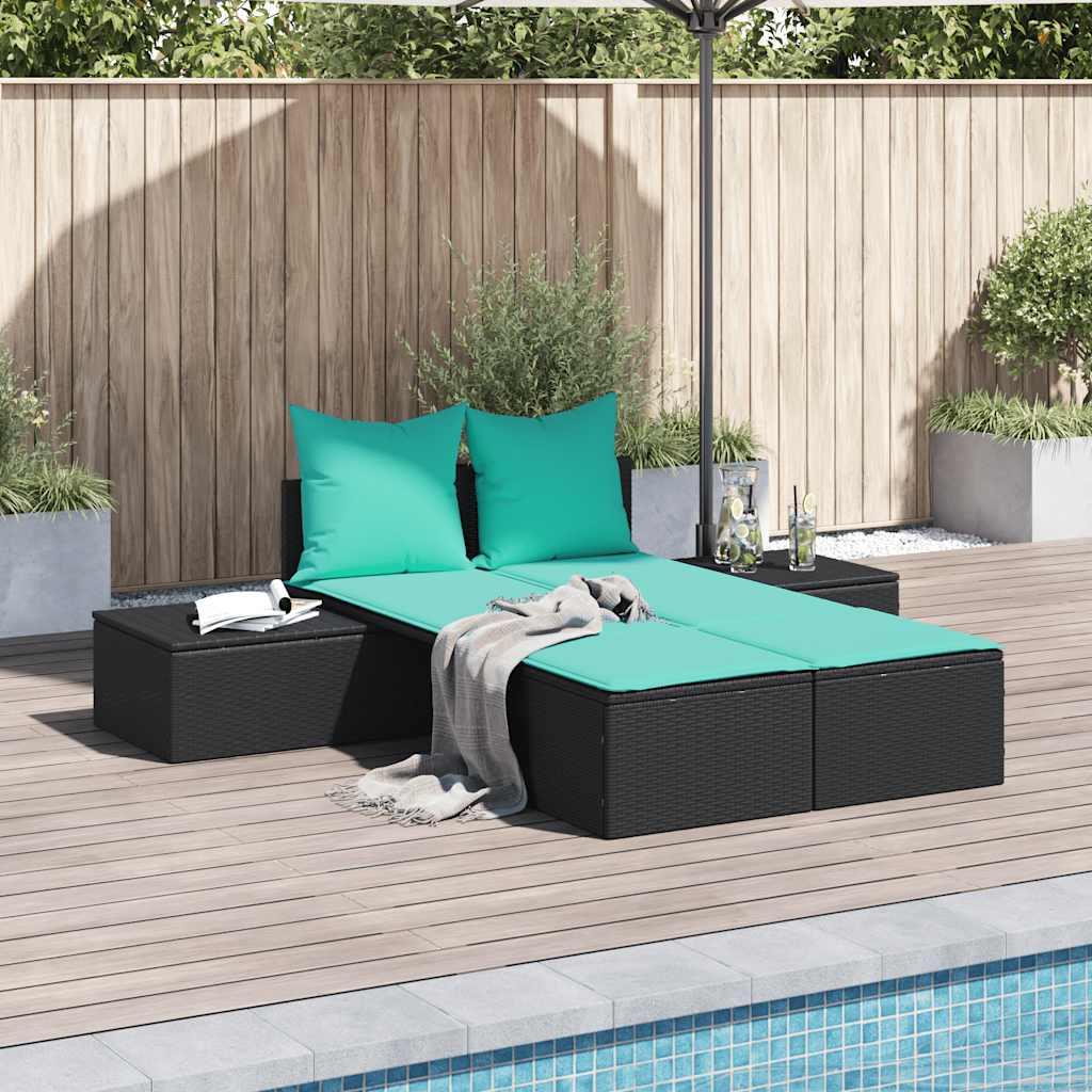 Dobbelt liggestol med hynder sort polyrattan