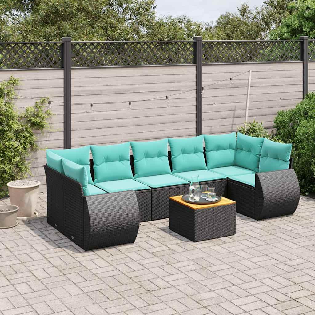 8-delt havesofasæt i sort polyrattan med blå hynder - modulært loungemøbelsæt