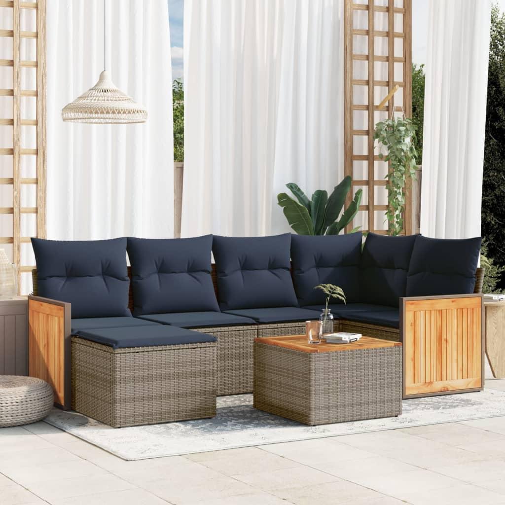 Havesofasæt i grå polyrattan - 7 dele med marineblå hynder