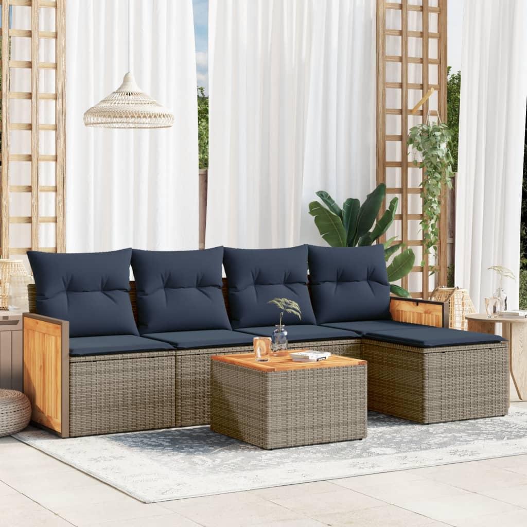Havesofasæt i grå polyrattan med hynder - 6 dele