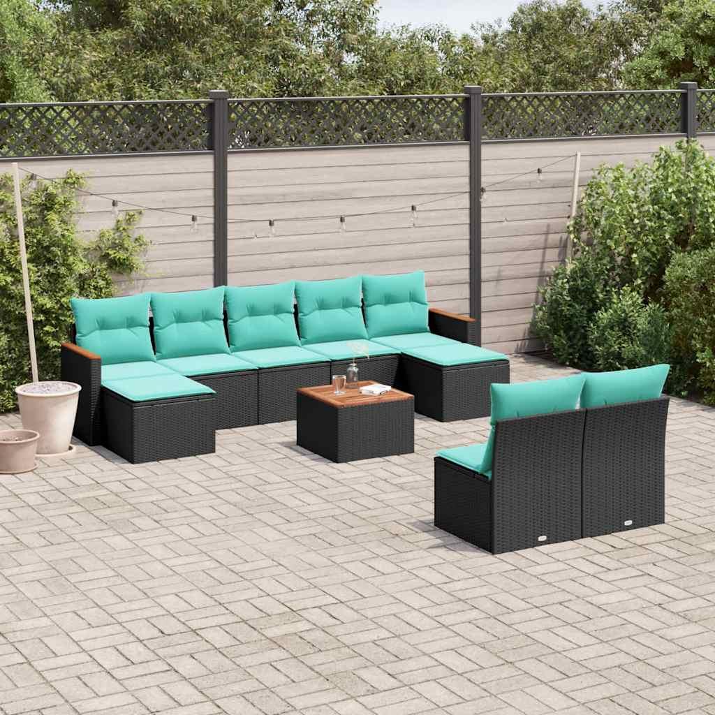 Havesofasæt i sort polyrattan med 10 blå hynder - modulopbygget loungesæt