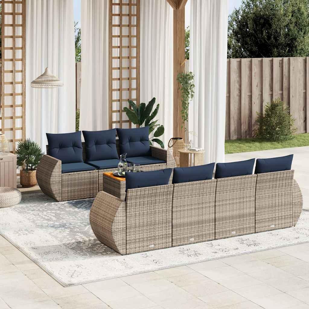 Havesofasæt i grå polyrattan med 8 marineblå hynder - modulopbygget loungesæt