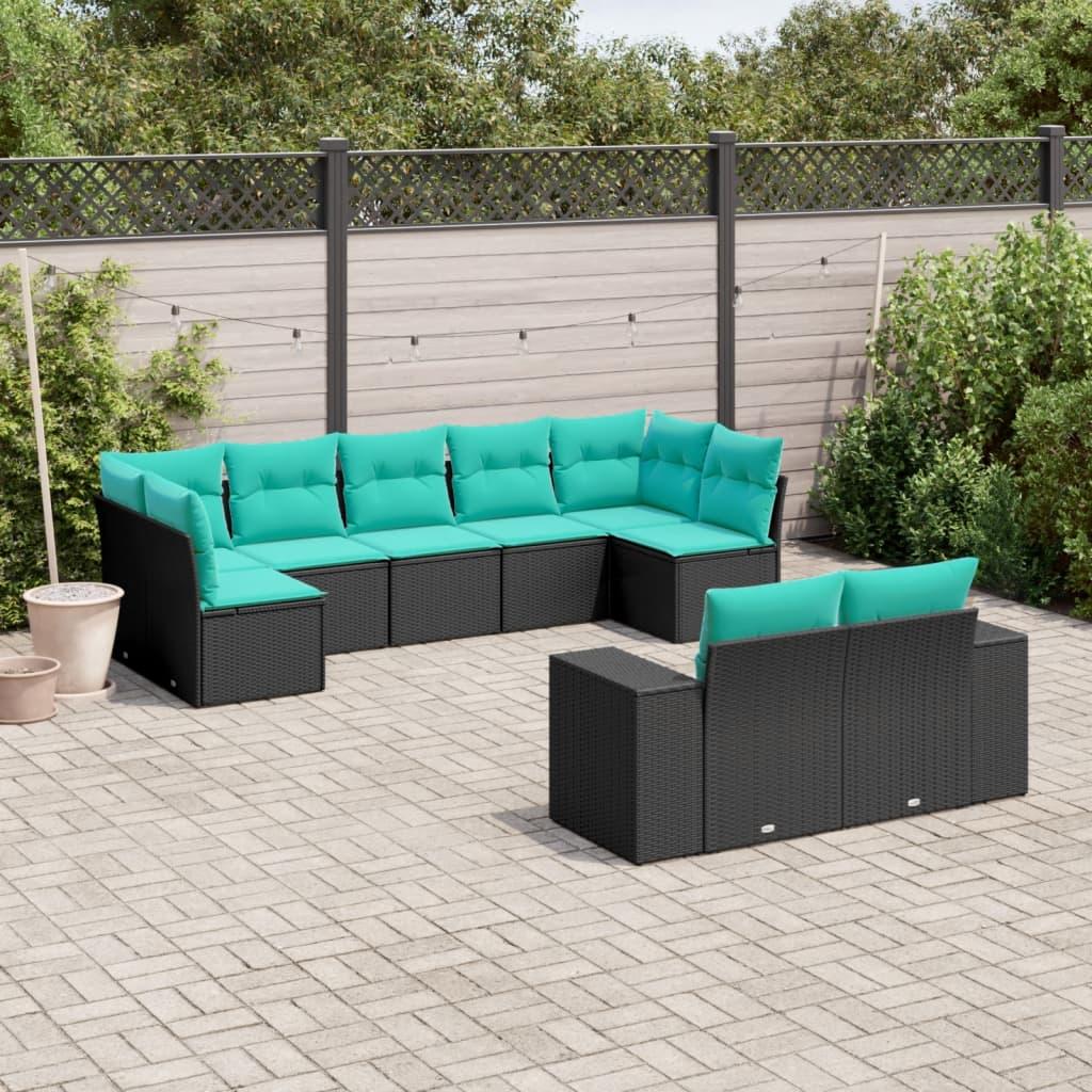 Havesofasæt i polyrattan - 9 dele med blå hynder, sort