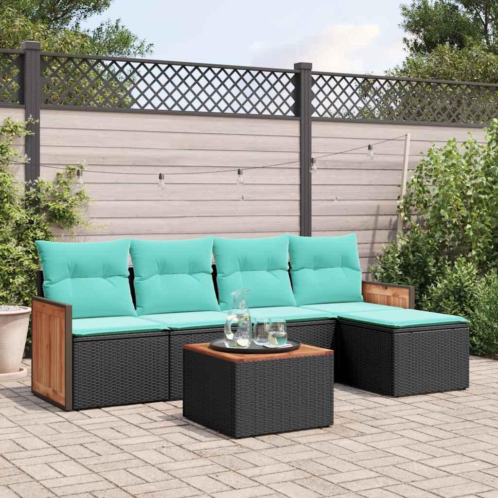 Havesofasæt i sort polyrattan med blå hynder - modulært loungesæt med bord
