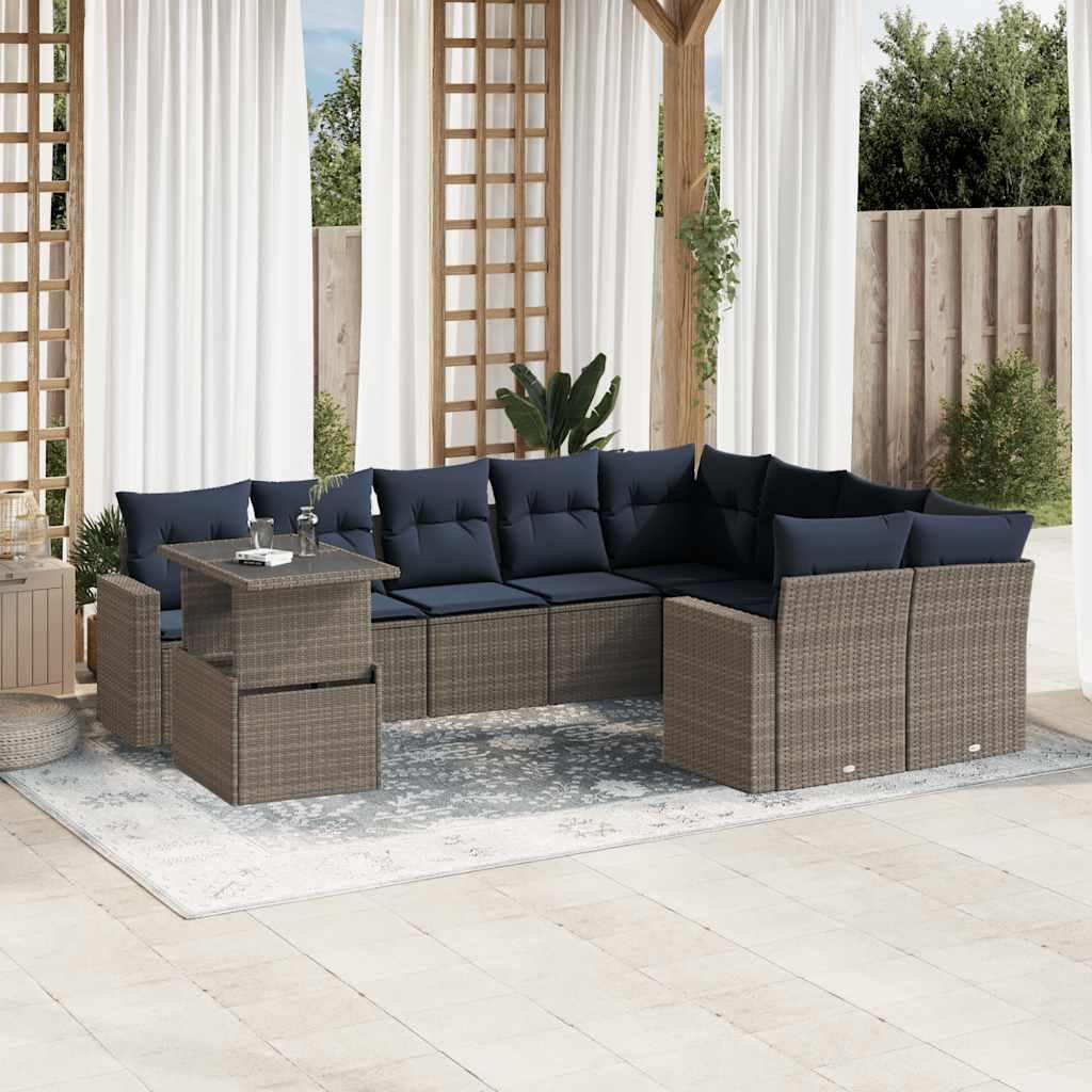Havesofasæt i polyrattan - 10 dele med marineblå hynder, grå